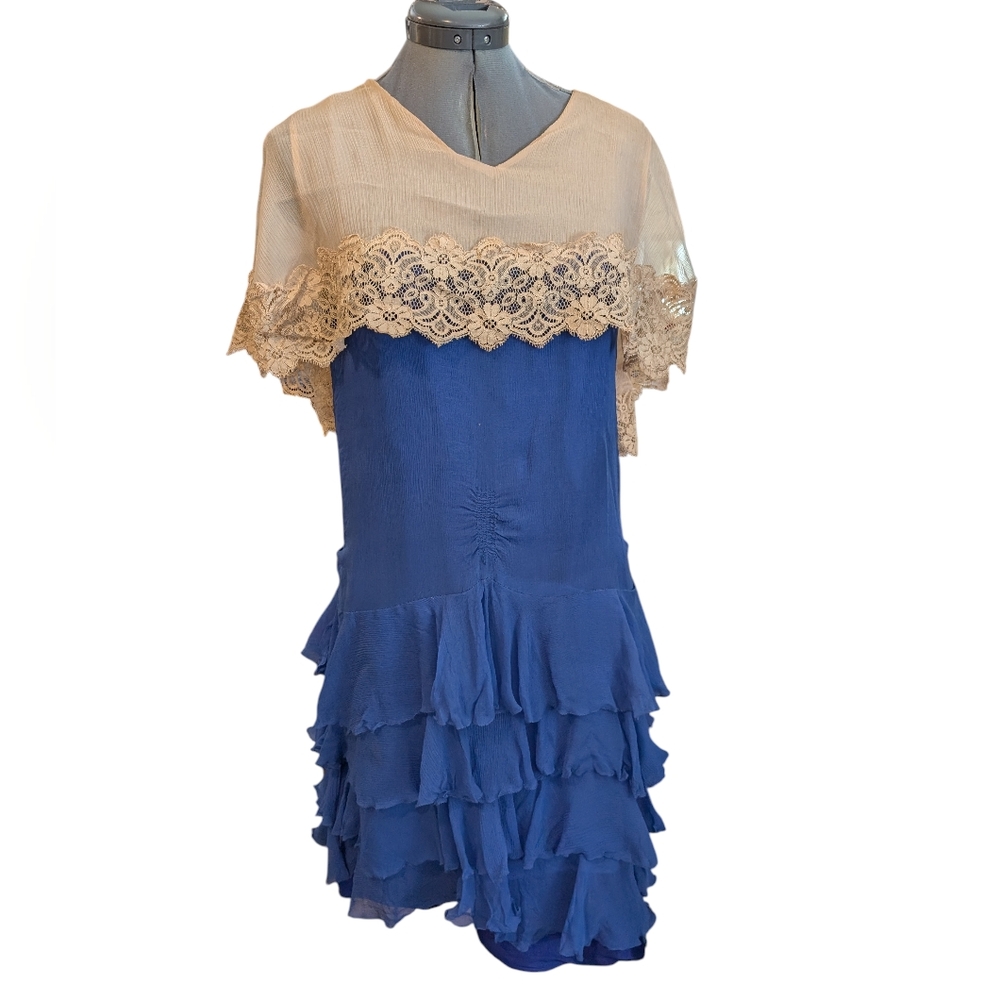 Antique‎ Vintage 1920s 30s Sapphire Blue Crepe & Lace Flapper Dress Rare
